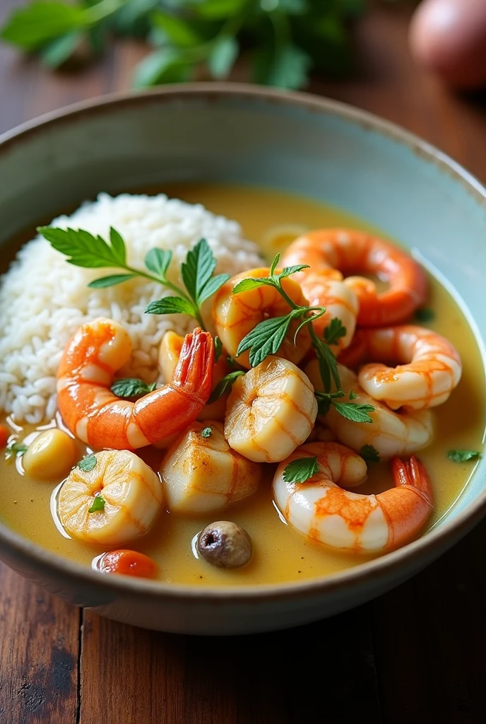 A stew of seafood and fresh fish, cooked with coconut milk, ginger, and served with palm rice