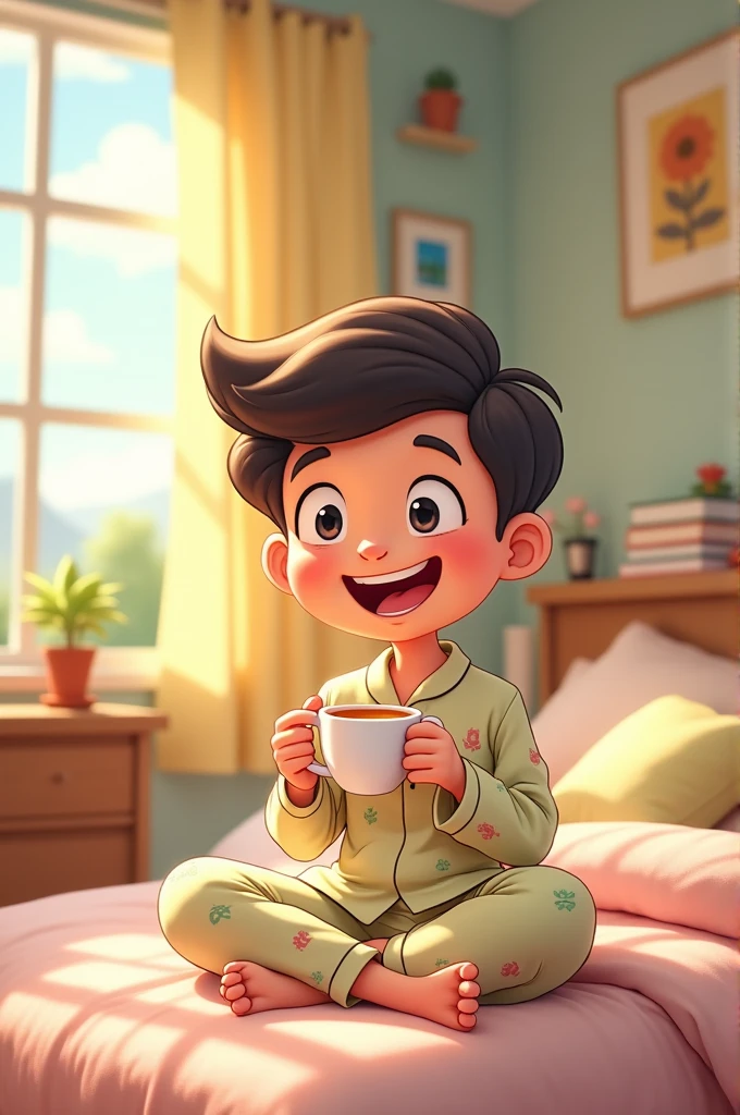 28 year boy wakup from bed and waiting for chai in cartoon