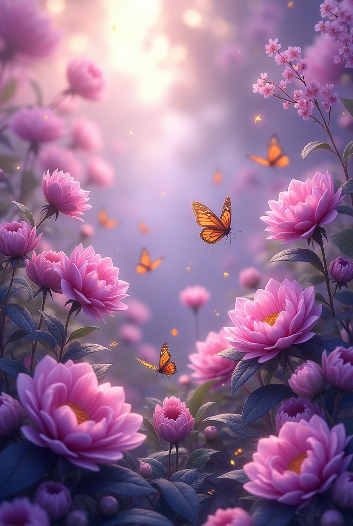 kawai background,beautiful,blooming flowers,purple color shades,flying butterflies,gold dusted in every where,
