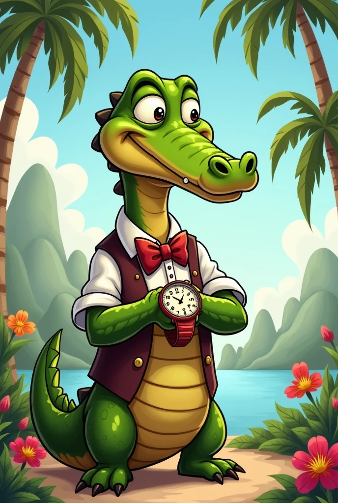 Cartoon of a crocodile looking at his wristwatch