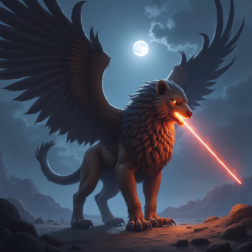 A scene from the game,
Griffon, ライオンの下半身と鷲の頭と鷲の翼を持つGriffon, Shoots laser beams from its beak.
night.