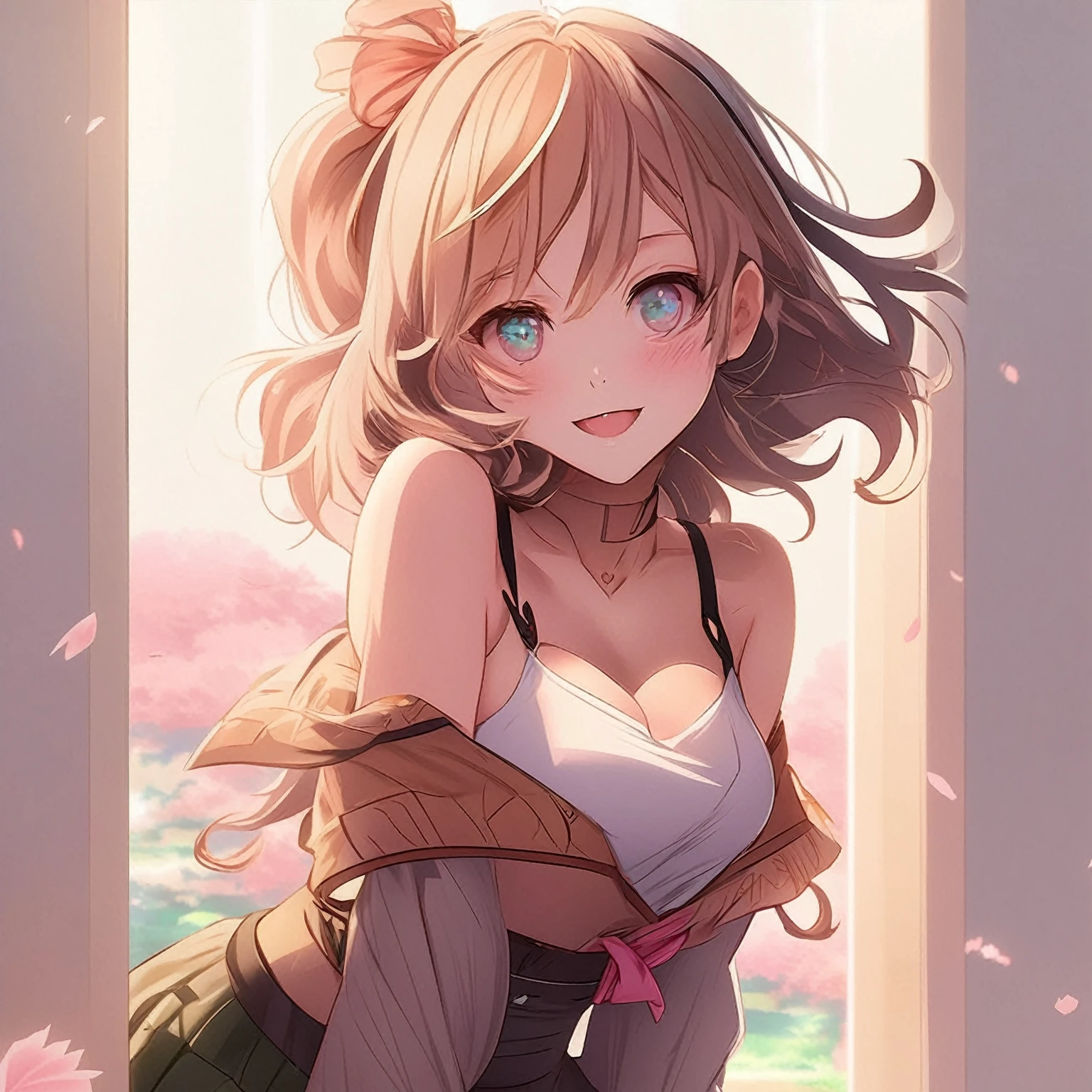 masterpiece, best quality, 1girl, architecture, garden, city, upper body, wink with one eye closed, holding while licking a lollipop