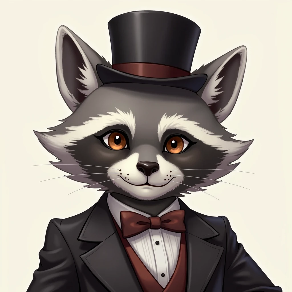 headshot of a gray-skinned anthropomorphic raccoon, closed smile, He has brown eyes, grey ears, he is dressed in a top hat and suit, high quality furry art, high quality fursona ref.