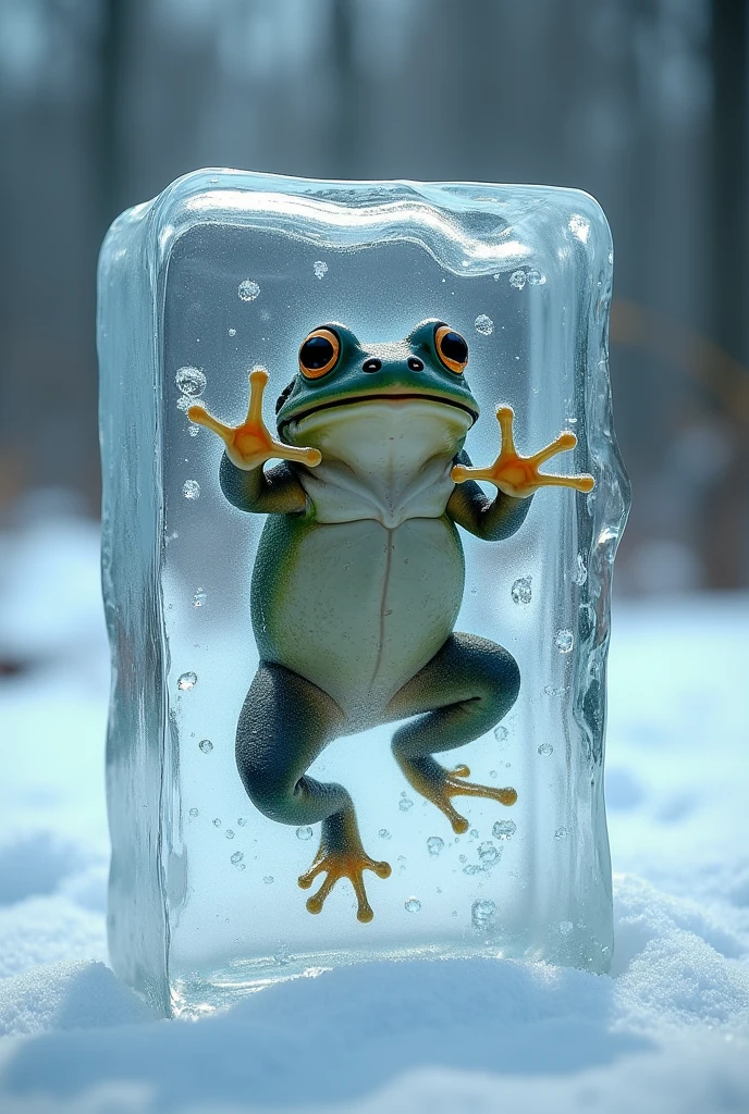 Frog completely frozen in ice