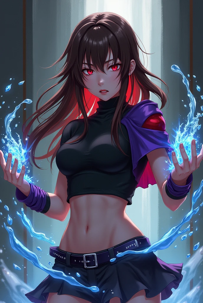 1 rebellious brunette girl, serious face, looking to the side dark red eyes with an angry look, cloused mouth, long brown hair with red highlights at the ends, wearing a black shirt, purple shoulder covering with red details on the ends, wearing a purple side skirt over black shorts, water powers in hands