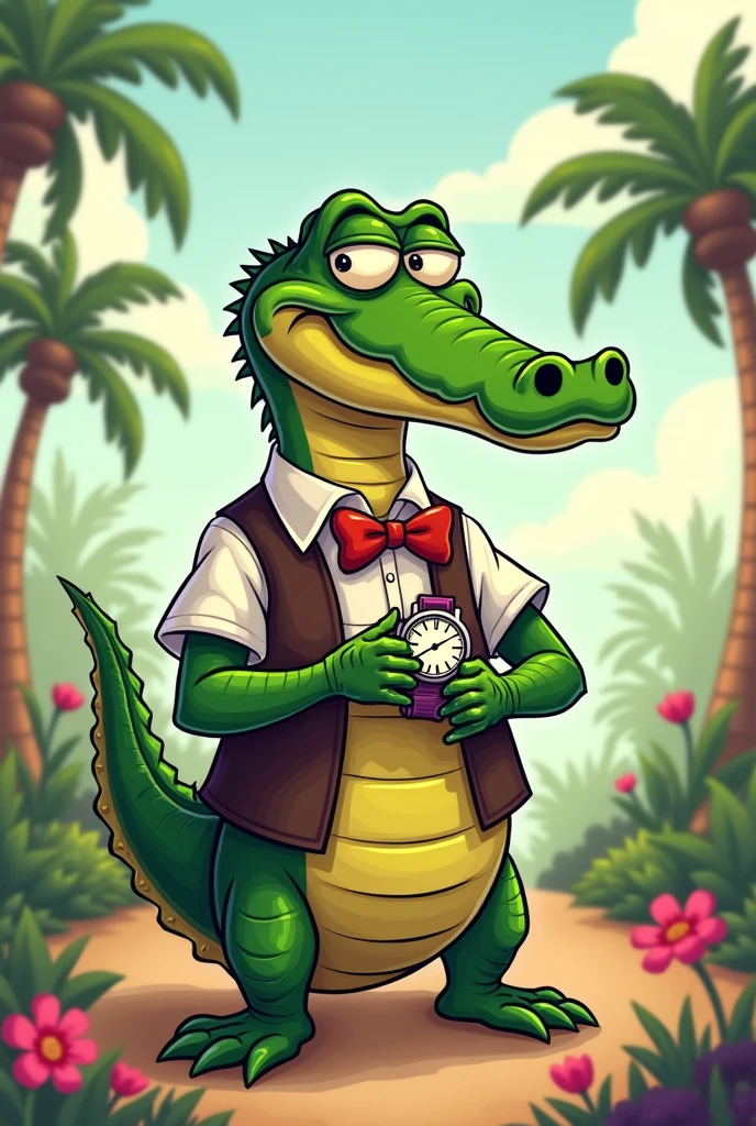 Cartoon of a crocodile looking at his wristwatch