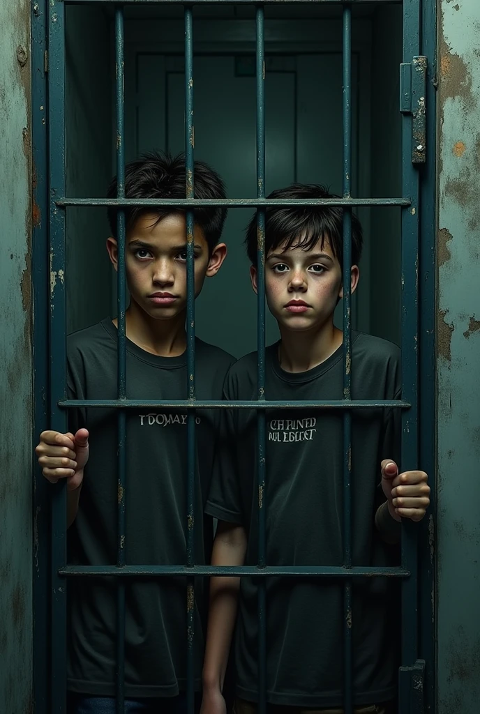 Two age boys are locked in cages at a police station.