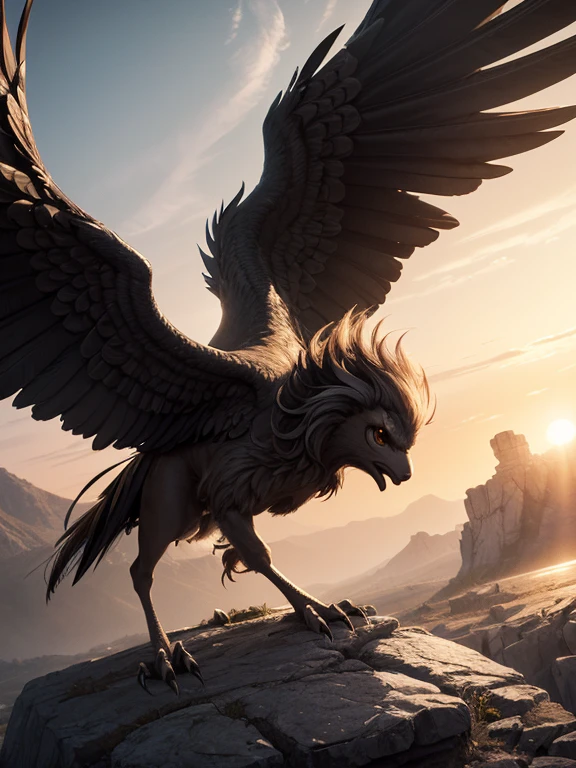 (((Griffon))) Highest quality, Very high resolution, Detailed 4K CG, masterpiece,, Pause, Black and White feathers,, Sun、mythological creature