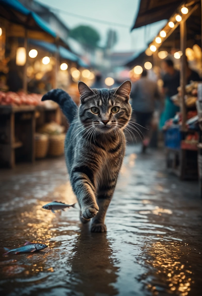Cinematic still of cat holding fish with paws, running away in a market. . Shallow depth of field, vignette, highly detailed, high budget, bokeh, Cinemascope, moody, epic, gorgeous, film grain, grainy
