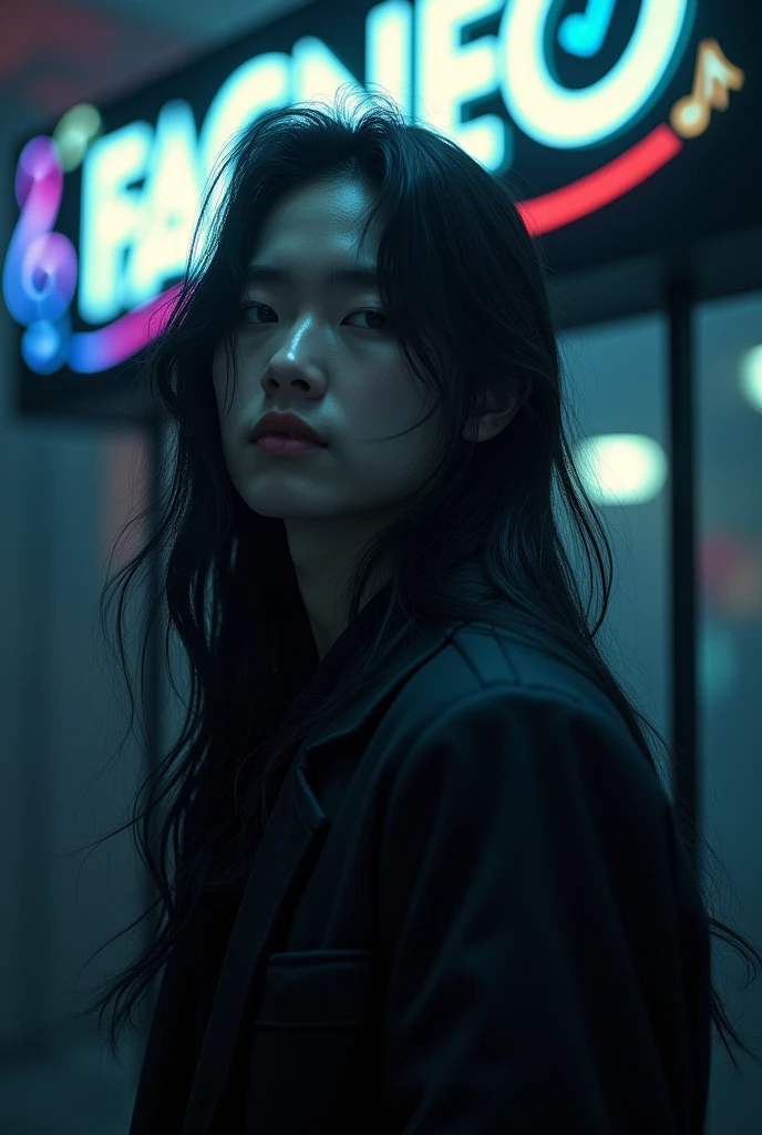 Asian k-pop boy with long hair in a dark place that looks like DPR ian and in the background with a sign that says the word facneo and with colorful musical notes around it