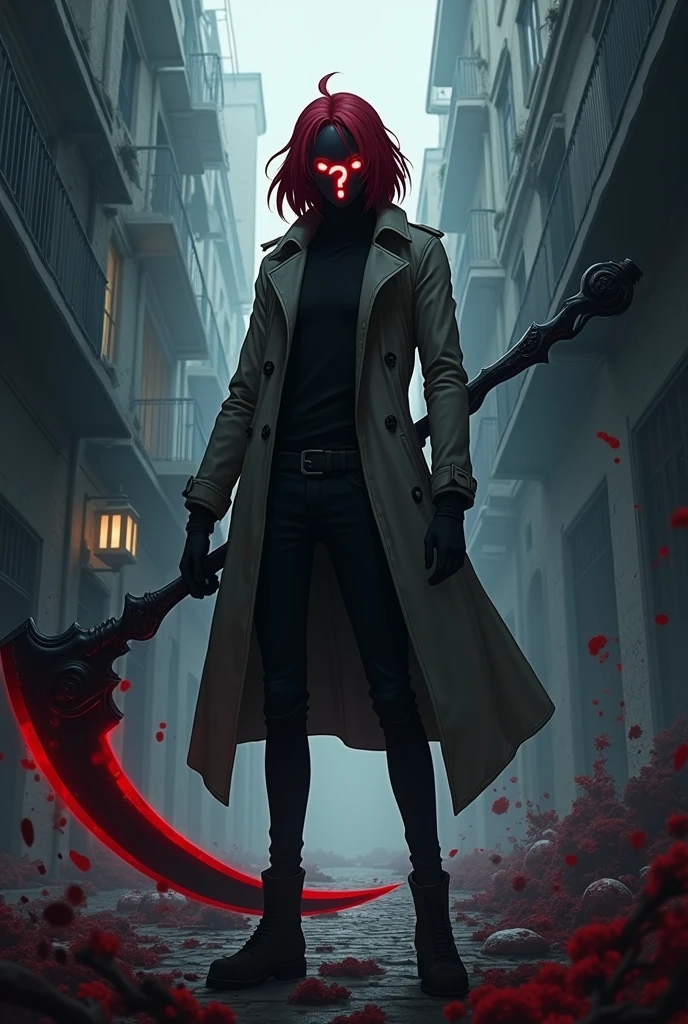 anime character with dark red hair and investigator clothes and a mask with a question mark with glowing eyes and terror with a scythe and helplessness who is an adult and has destroyed bodies inside