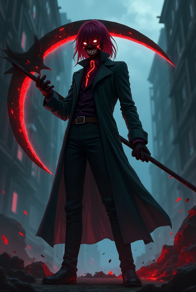 anime character with dark red hair and investigator clothes and a mask with a question mark with glowing eyes and terror with a scythe and helplessness who is an adult and has destroyed bodies inside