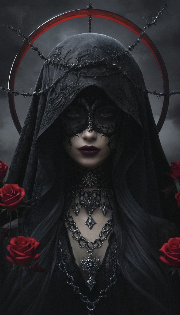uma mulher com capuz e rosas no cabelo, estilo de fantasia sombria art, in style of arte de fantasia sombria, gothic fantasy art, arte escura de fantasia, arte de fantasia sombria, gothic maiden, she is the queen of black roses, fantasia sombria misturada com realismo, estilo de fantasia sombria, gothic maiden of the dark, gothic art, arte digital escura, mas detalhada, arte de fantasia sombriawork