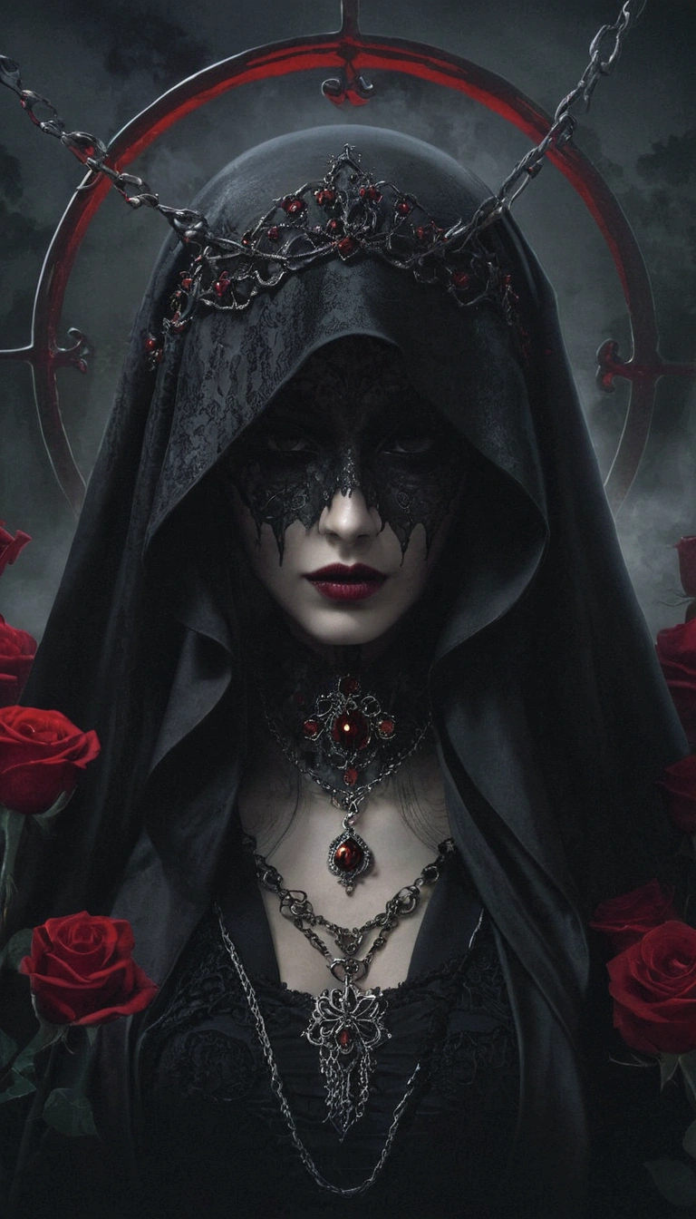 uma mulher com capuz e rosas no cabelo, estilo de fantasia sombria art, in style of arte de fantasia sombria, gothic fantasy art, arte escura de fantasia, arte de fantasia sombria, gothic maiden, she is the queen of black roses, fantasia sombria misturada com realismo, estilo de fantasia sombria, gothic maiden of the dark, gothic art, arte digital escura, mas detalhada, arte de fantasia sombriawork