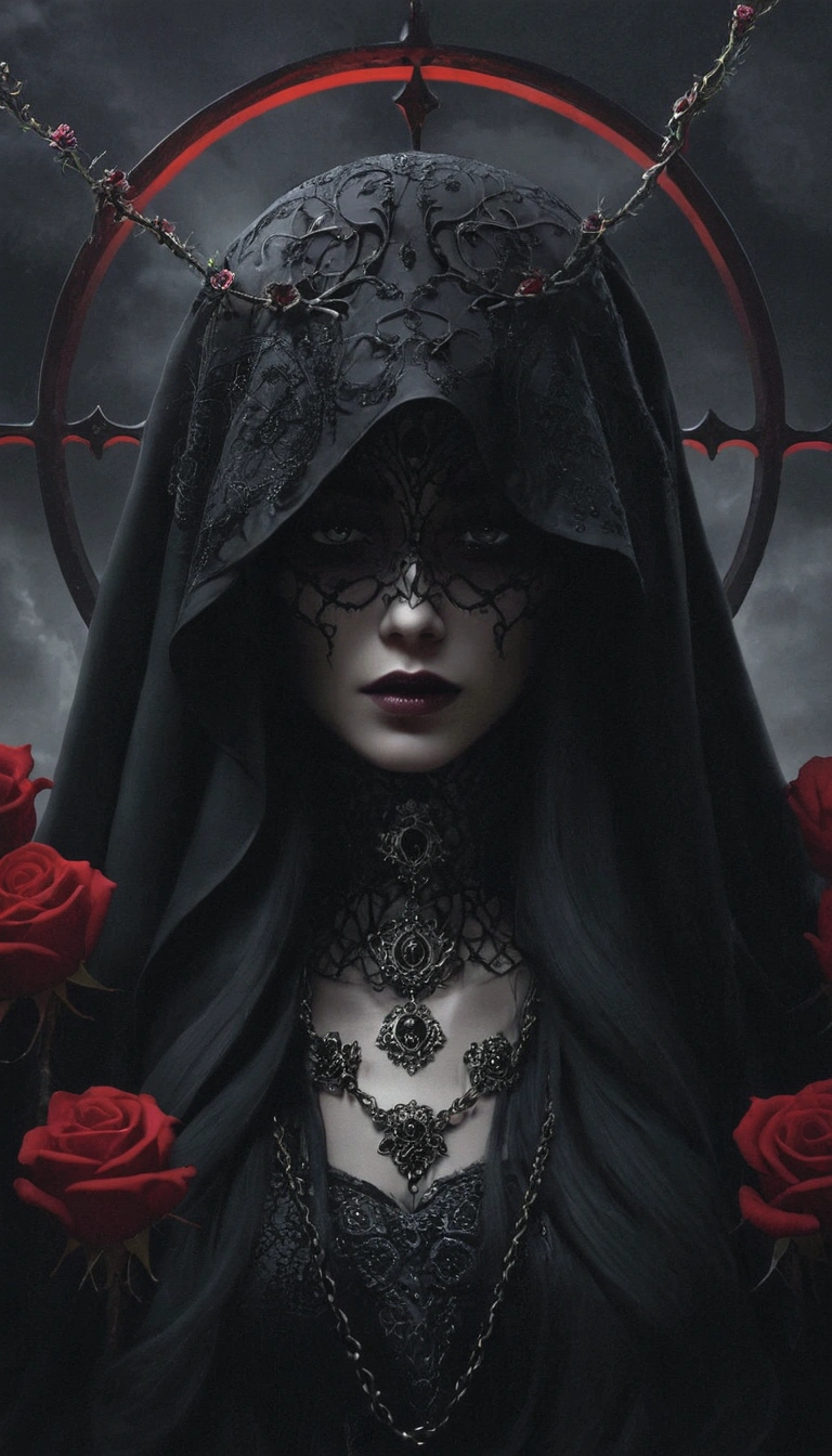 uma mulher com capuz e rosas no cabelo, estilo de fantasia sombria art, in style of arte de fantasia sombria, gothic fantasy art, arte escura de fantasia, arte de fantasia sombria, gothic maiden, she is the queen of black roses, fantasia sombria misturada com realismo, estilo de fantasia sombria, gothic maiden of the dark, gothic art, arte digital escura, mas detalhada, arte de fantasia sombriawork