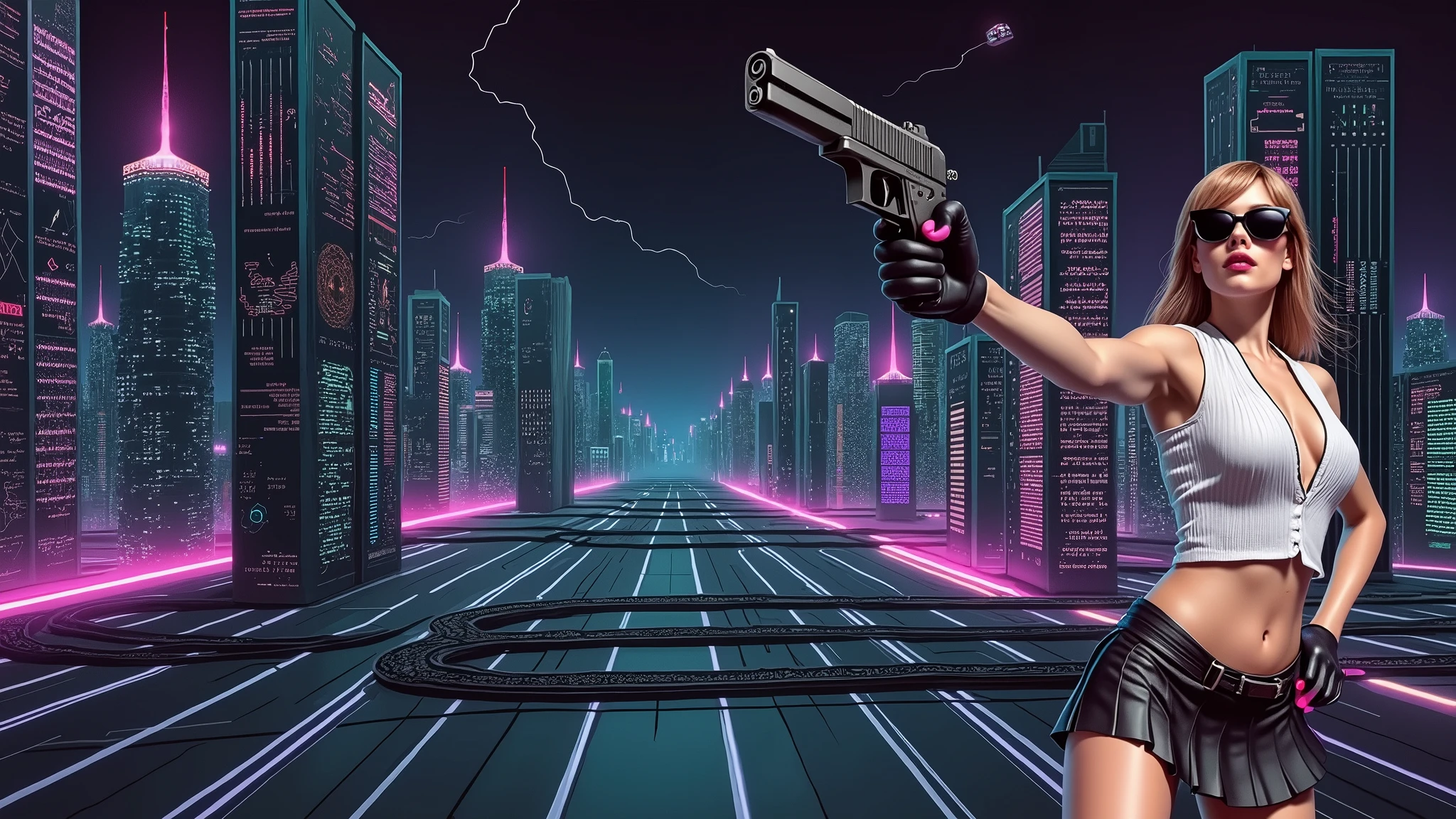 Futuristic cityscapes with colorful all-glass outlined towering skyscrapers with lightning, flying vehicle. High-resolution OLED GUI interfaces in the building, The windows are filled with transparent data visualization infographics that show it all, from weather patterns to traffic flow. Colors are saturated and vibrant. At night, (1girl, solo, alone), photorealistic, large-breast slim:0.6 body, oval:0.5 face, cleavage:1.1, very low angle view of pleated miniskirt, deep-v, (upskirt), glove, (Matrix style black micro sunglasses), (aiming viewer with a short gun), dynamic running pose, (half-body thigh level close-up shot), cinematic lighting, ray tracing, motion blur background.
