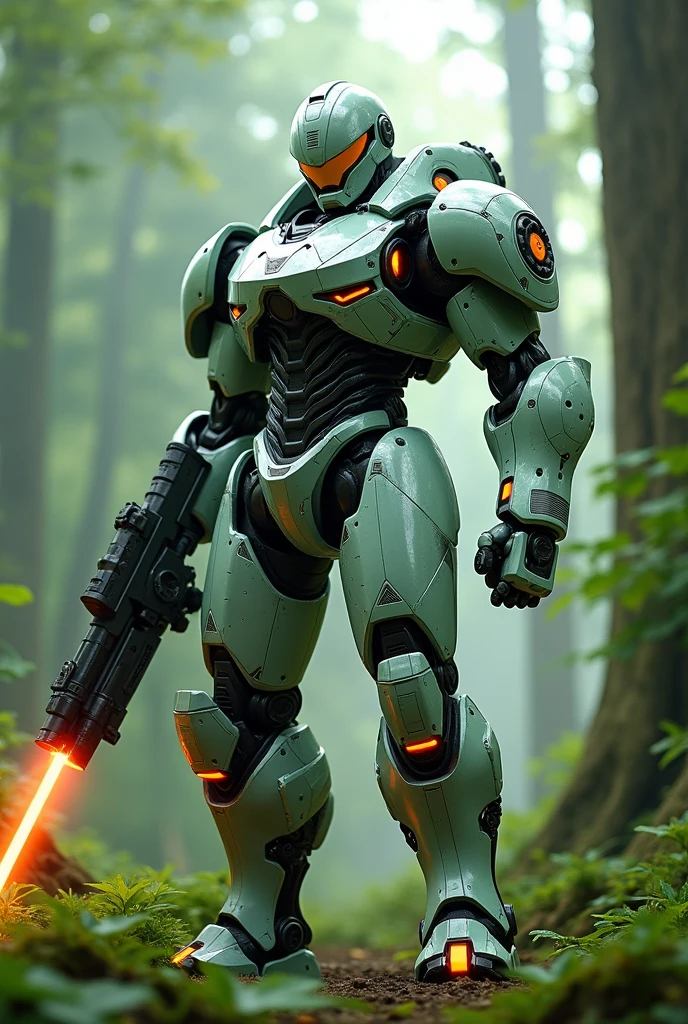 1 cyborg, helmet, armour, at the forest, green paint, mecha, robort (battle stance) (photorrealistic), Masterpiece artwork, best quality science fiction, fire, laser cannon beam, karo, conflict, , highy detailed, majestic, digital photograph, art by artgerm and ruan jia and greg rutkowski surreal painting, like marvel's ironman, armored full white color