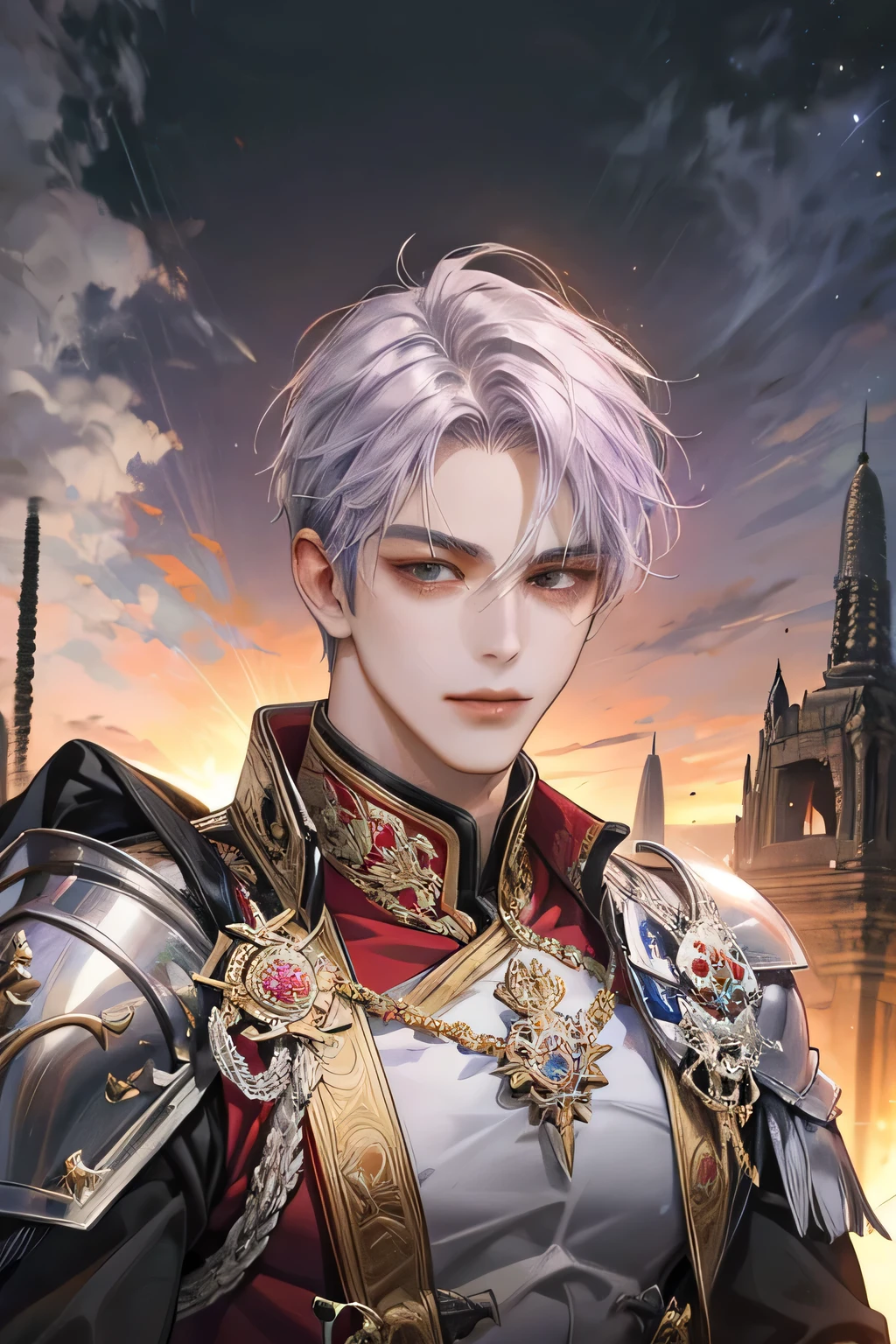 Best Quality, 1Male, Lavender hair, black eyes, sixpack body, masculine face, stern look, smile, red suit, javanese warrior knight, prambanan temple background, Masterpiece Body, Accurate, High definition