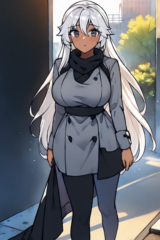 1 cute big breasted girl with brown skin and long white hair with gray eyes wearing a black and white coat and a black sweatshirt walking