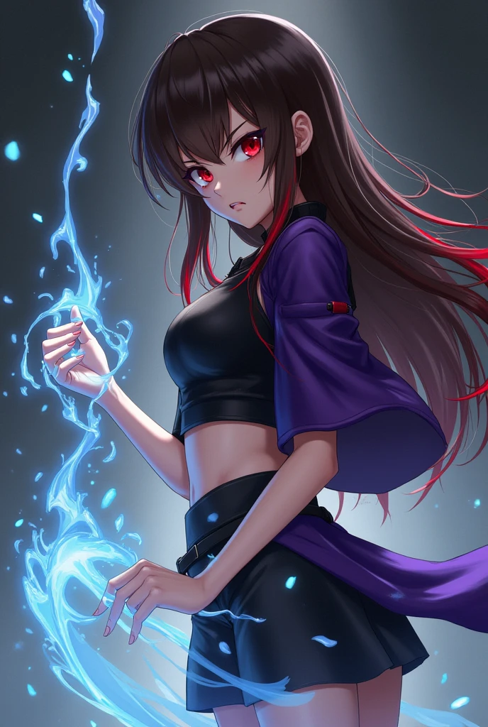 1 rebellious brunette girl, serious face, looking to the side dark red eyes with an angry look, cloused mouth, long brown hair with red highlights at the ends, wearing a black shirt, purple shoulder covering with red details on the ends, wearing a purple side skirt over black shorts, water powers in hands 