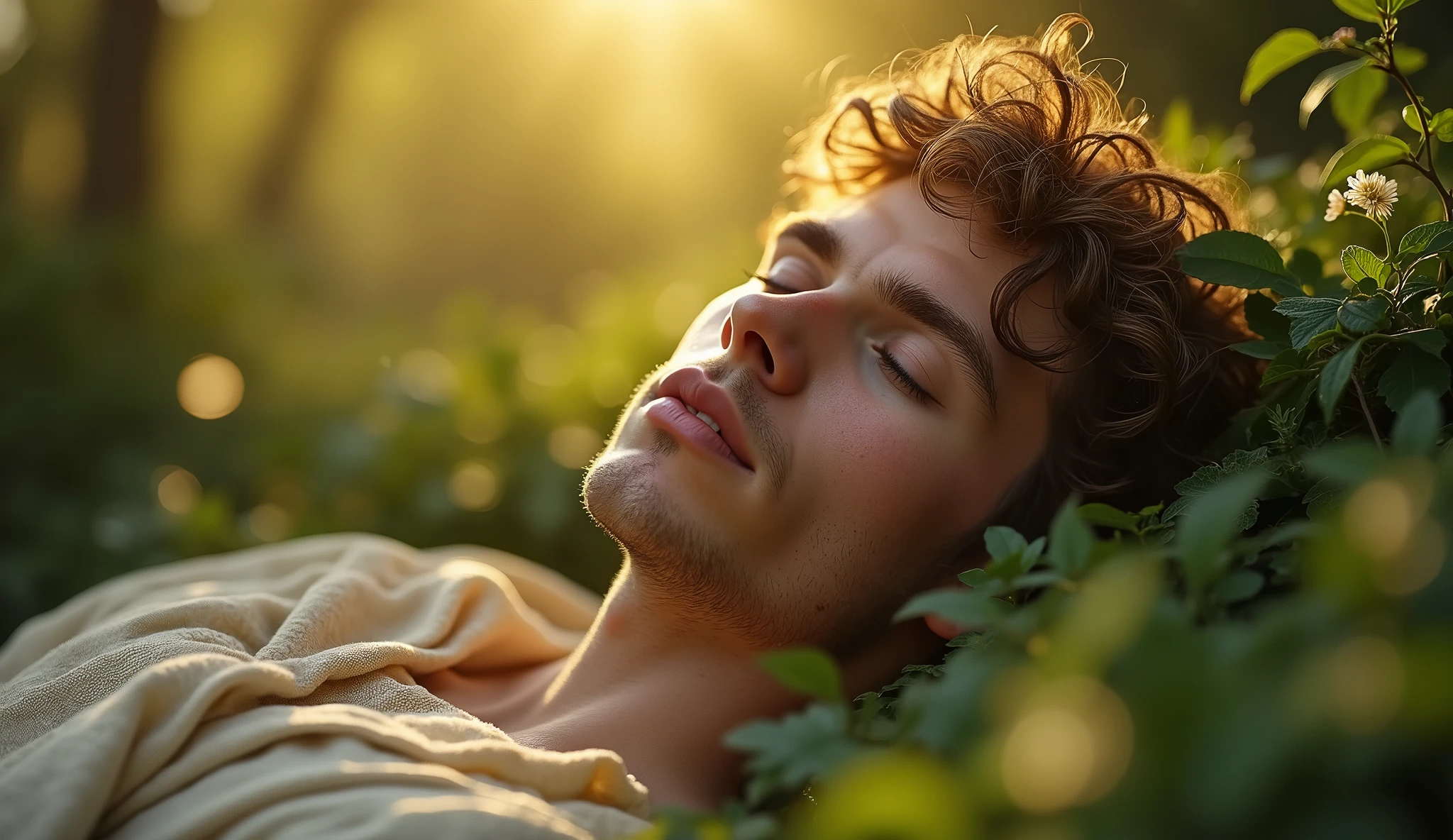 Descreva uma imagem de Adam in a deep sleep in the enchanting garden of Eden with Adam. Adam is in his 20s, short curl light brown 7" hair, green eyes. emanating a divine aura and looking directly into the camera with a penetrating and compassionate gaze. The scene around him radiates a sense of serenity and transcendence, com cores suaves e uma atmosfera celestial. Highlight the details of the expression on your face, the sparkle in your eyes and the sense of peace and grace that your presence radiates in this sacred moment, 32K UHD, Style Raw, Afternoon sun, warm tone, cinematic