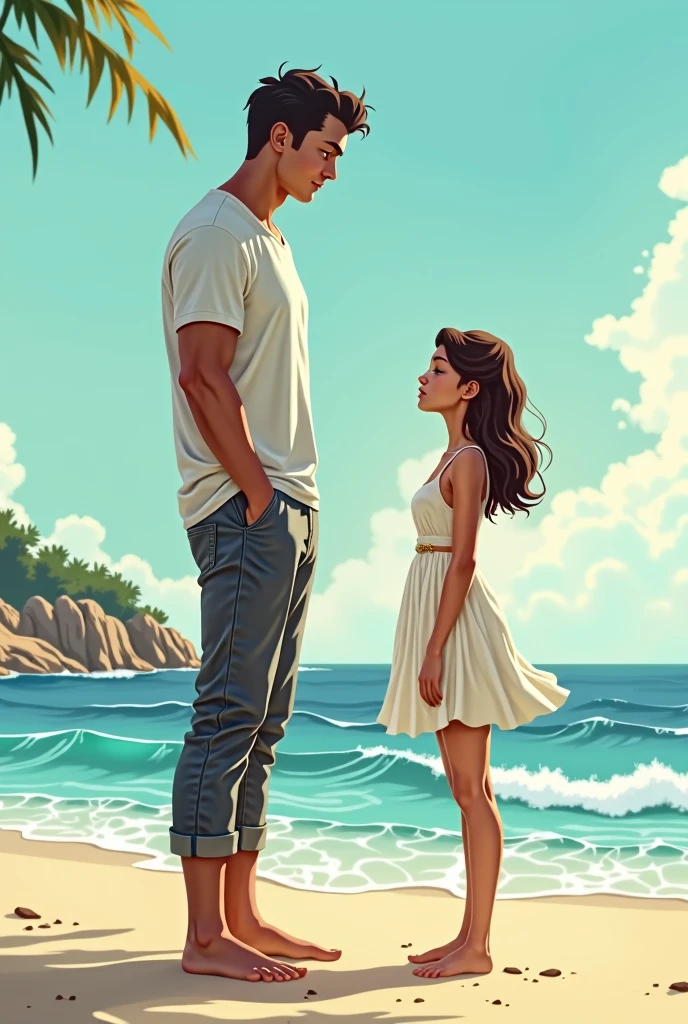 Un jeune homme tres grand à côté d'une jeune femme très . Les deux se trouvent à la plage et la différence de taille est très grande.