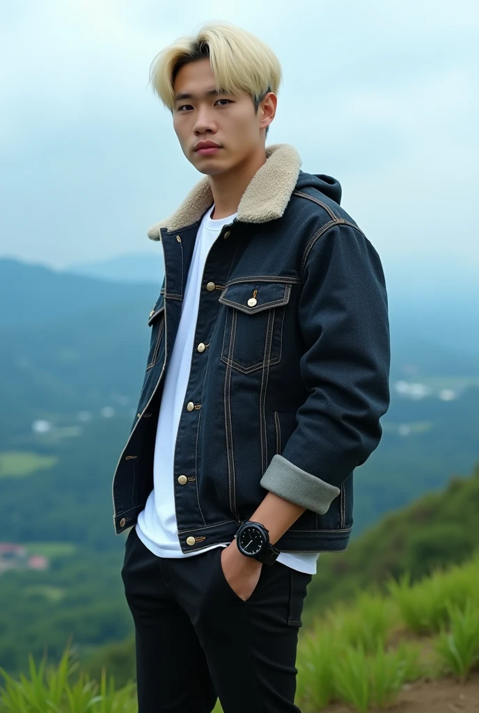 Berpose, whole body, pria korea,fair skin,well-groomed face, self-confident, menawan, senyum tipis, trendy short blonde hair, wearing a cosplayer parka jeans jacket, White shirt, cool black watch, celana jeans hitam panjang, interesting pose, on top of a high mountain, dim lighting, under the clear blue sky , resembles a very realistic photo, high definition with additional elements of rain or fog and background,seen from the top of the mountain, beautiful countryside and lush green rice fields, the view is very amazing ,Realistic original photo