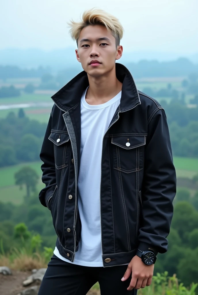 Berpose, whole body, pria korea,fair skin,well-groomed face, self-confident, menawan, senyum tipis, trendy short blonde hair, wearing a cosplayer parka jeans jacket, White shirt, cool black watch, celana jeans hitam panjang, interesting pose, on top of a high mountain, dim lighting, under the clear blue sky , resembles a very realistic photo, high definition with additional elements of rain or fog and background,seen from the top of the mountain, beautiful countryside and lush green rice fields, the view is very amazing ,Realistic original photo
