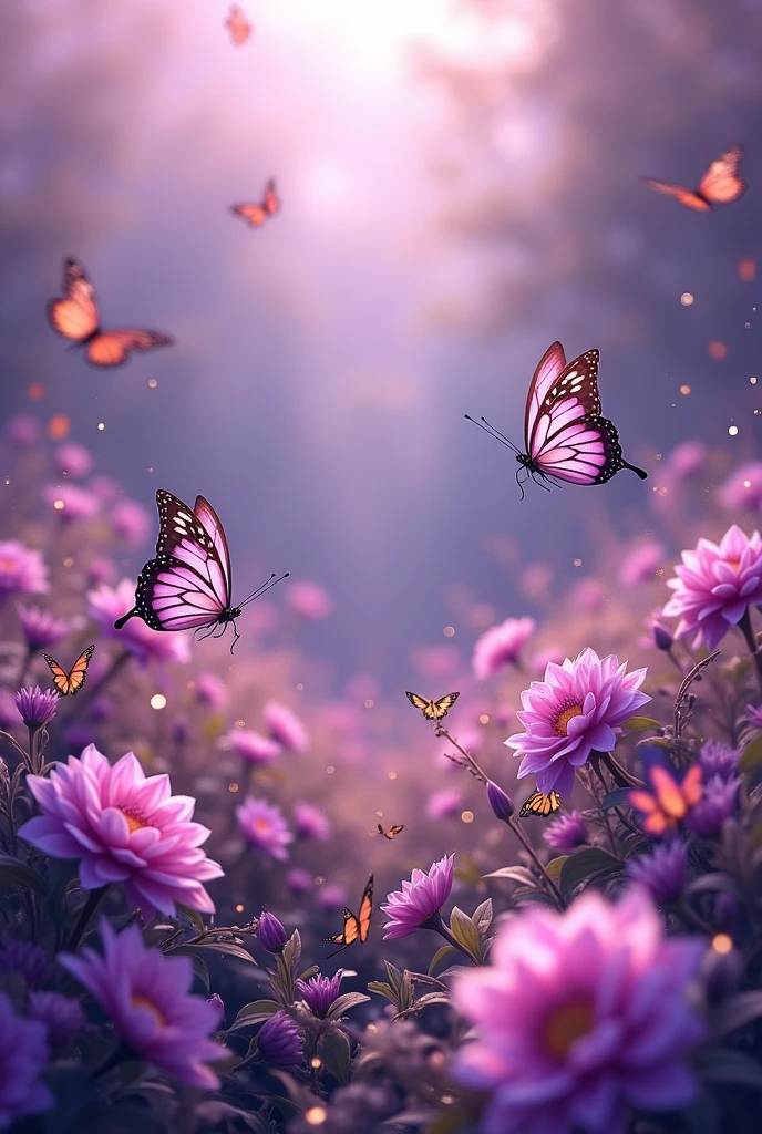 kawai background,beautiful,blooming flowers,purple color shades,flying butterflies,gold dusted in every where,