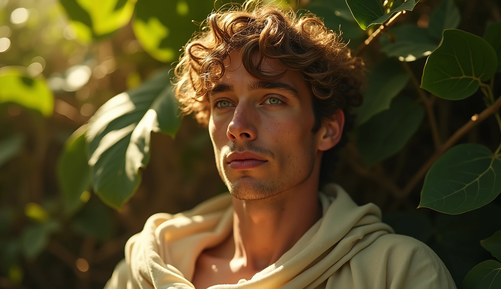 Descreva uma imagem de Adam in a deep sleep in the enchanting garden of Eden with Adam. Adam is in his 20s, short curl light brown 7" hair, green eyes. emanating a divine aura and looking directly into the camera with a penetrating and compassionate gaze. The scene around him radiates a sense of serenity and transcendence, com cores suaves e uma atmosfera celestial. Highlight the details of the expression on your face, the sparkle in your eyes and the sense of peace and grace that your presence radiates in this sacred moment, 32K UHD, Style Raw, Afternoon sun, warm tone, cinematic