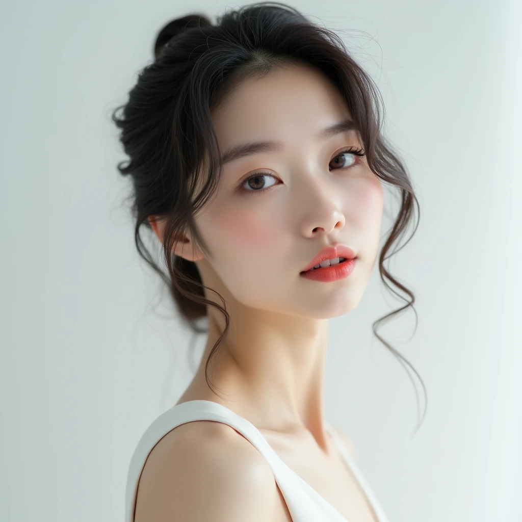 "A young Korean woman in her early to mid-20s is captured against a white background, with the focus on her upper body. Her appearance has a slightly exotic allure, enhanced by elegant makeup that highlights her natural beauty. Her posture and expression exude grace and sophistication, perfectly showcasing her refined elegance."