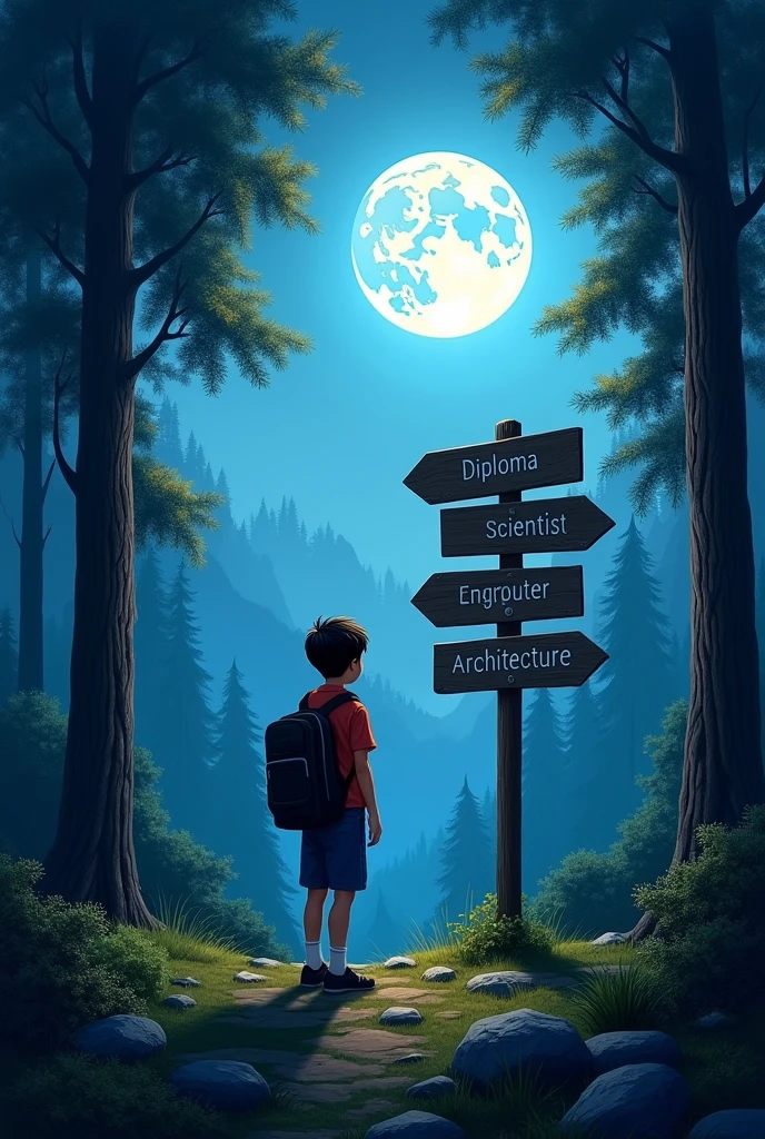 A beautiful full moon in the night over the mountain forest.and there are a boy with his school bag and he thinks where he was go and there is many way like ,diploma , scientist, computer engineering , architecture,in the board sign