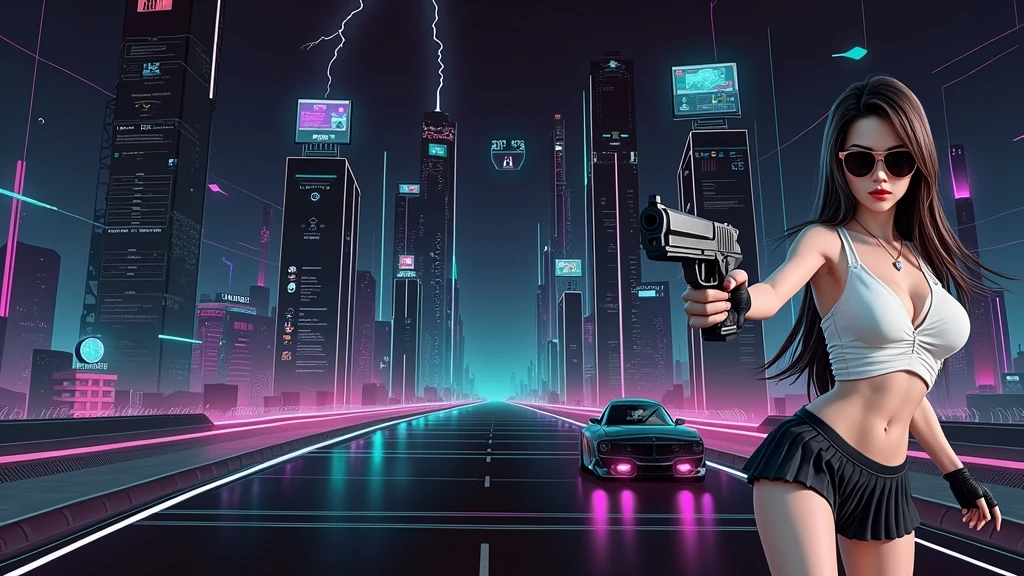 Futuristic cityscapes with colorful all-glass outlined towering skyscrapers with lightning, flying vehicle. High-resolution OLED GUI interfaces in the building, The windows are filled with transparent data visualization infographics that show it all, from weather patterns to traffic flow. Colors are saturated and vibrant. At night, (1girl, solo, alone), photorealistic, large-breast slim:0.6 body, oval:0.5 face, cleavage:1.1, very low angle view of pleated miniskirt, deep-v, (upskirt), glove, (Matrix style black micro sunglasses), (aiming viewer with a short gun), dynamic running pose, (half-body thigh level close-up shot), cinematic lighting, ray tracing, motion blur background.