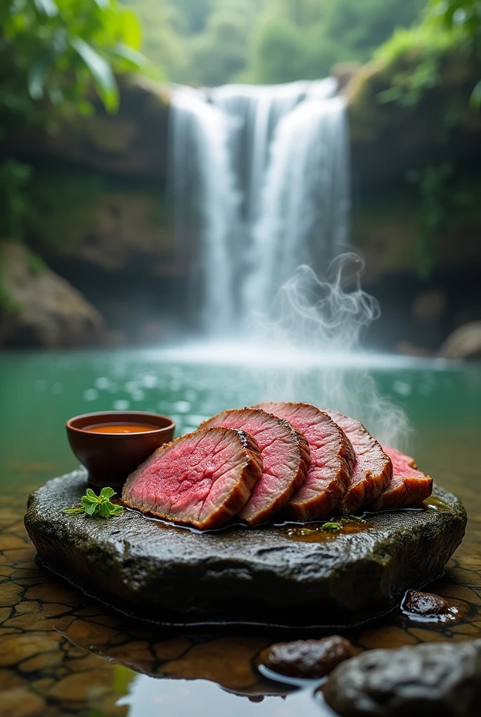 A beautifully presented 'Crying Tiger' dish in a natural setting with a waterfall in the background. The grilled beef breast is perfectly roasted, sliced into tender, juicy pieces with a slightly charred exterior and a pink center, arranged on a large stone surrounded by water. A small cup of Isaan-style dipping sauce is placed beside the beef, contrasting its rich, spicy texture with the meat. Delicate white smoke rises from the beef, adding a fresh-out-of-the-grill appeal. The natural setting, with flowing water and lush greenery, enhances the authentic and rustic feel of the scene.