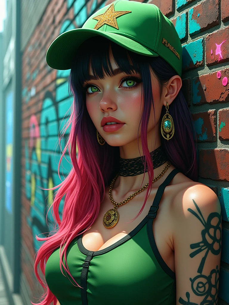 a woman with a green top and a green hat on her head and a graffiti wall behind her with a pink and blue hair, Artgerm, fantasy art, trending on art station, cyberpunk art, 1girl, baseball cap, breasts, brick wall, chain, chain-link fence, collar, earrings, fence, graffiti, green eyes, hat, honeycomb \(pattern\), hoop earrings, jacket, jewelry, lightning, long hair, multicolored hair, paint splatter, parted lips, piercing, rain, realistic, shoulder tattoo, solo, tattoo, upper body, highest quality, high detailed face, high detailed picture,