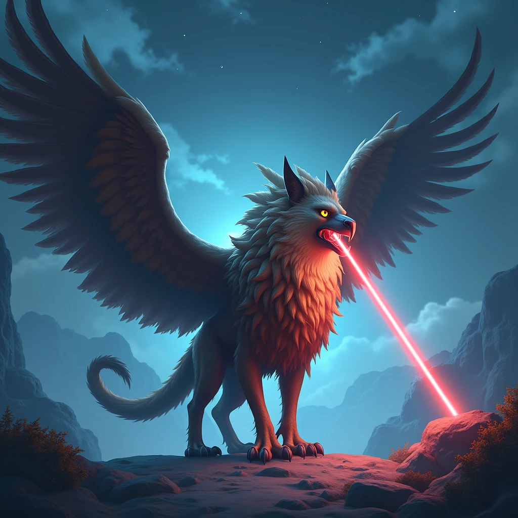A scene from the game,
Griffon, ライオンの足と鷲の頭と鷲の翼を持つGriffon, Shoots laser beams from its beak.
night.