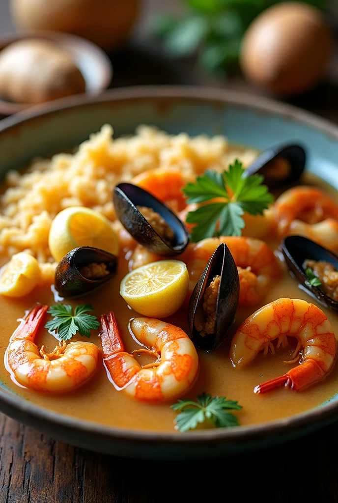 A stew of seafood and fresh fish, cooked with coconut milk, ginger, and served with palm rice (drawing)