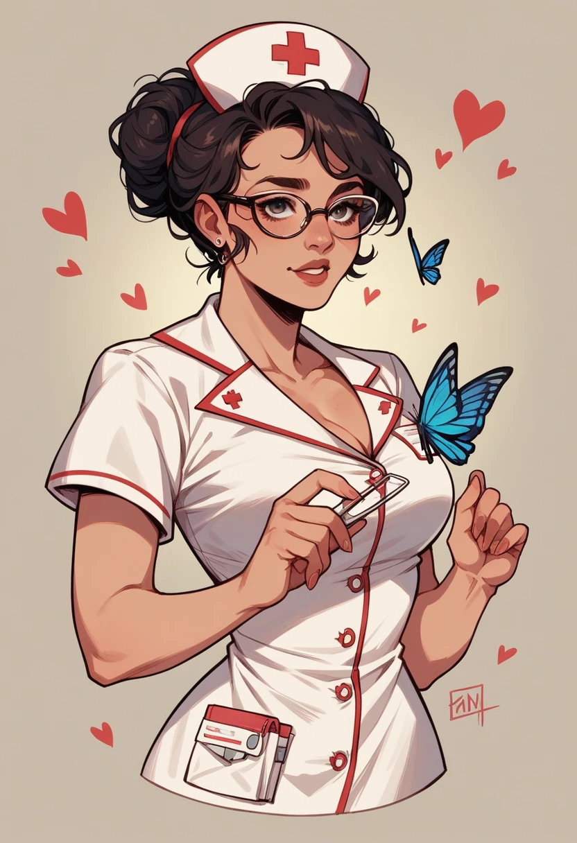 
Create a logo with a brunette nurse with dark hair, the nurse wears glasses, with the name: "elizita" in cursive font, in the background a heart and flying butterflies