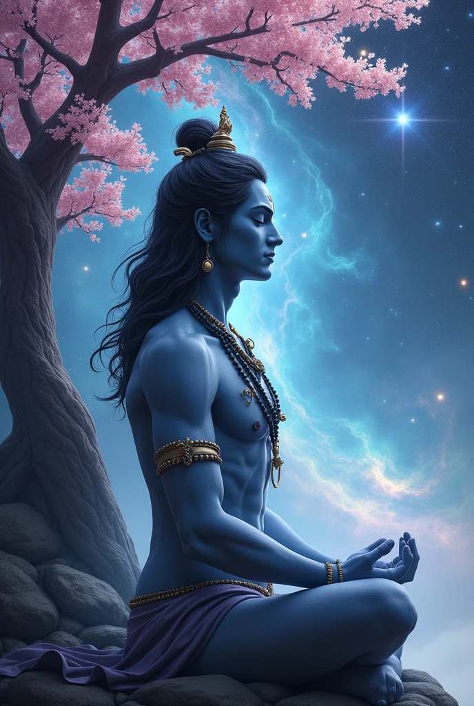 make a picture of lord Shiva, handsome, side view, background universe, lord Shiva grey colour skin, body with aura, body with aurora, handsome, blue glowing eyes , with 3rd eye, background colour universe , meditate under the cherry blossom tree, Mahadev, Shiv,