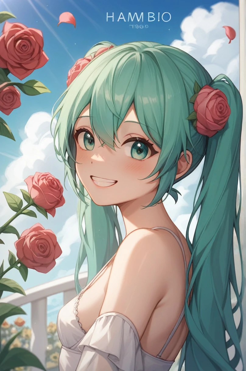 One beautiful girl、Hatsune Miku、、Small breasts, B cup、How tall are you１７２㎝、Weight is４５㎏、Slim figure、Virtual Virtual Singer、Appeal your whole body、Taking Action、/She is work in the garden /Green Eyes、long green hair、Cultivating roses、Shining with a smile in the countryside、Rose flower with watering can々Water the、laugh、Take care of the flowers、Very cute smile、The flowers grow vibrantly、Miku is lettuce、basil、tomato、A girl who likes growing vegetables such as perilla leaves、Blue sky, white clouds and houses in the distance、Look at me with a gentle gaze and say hello