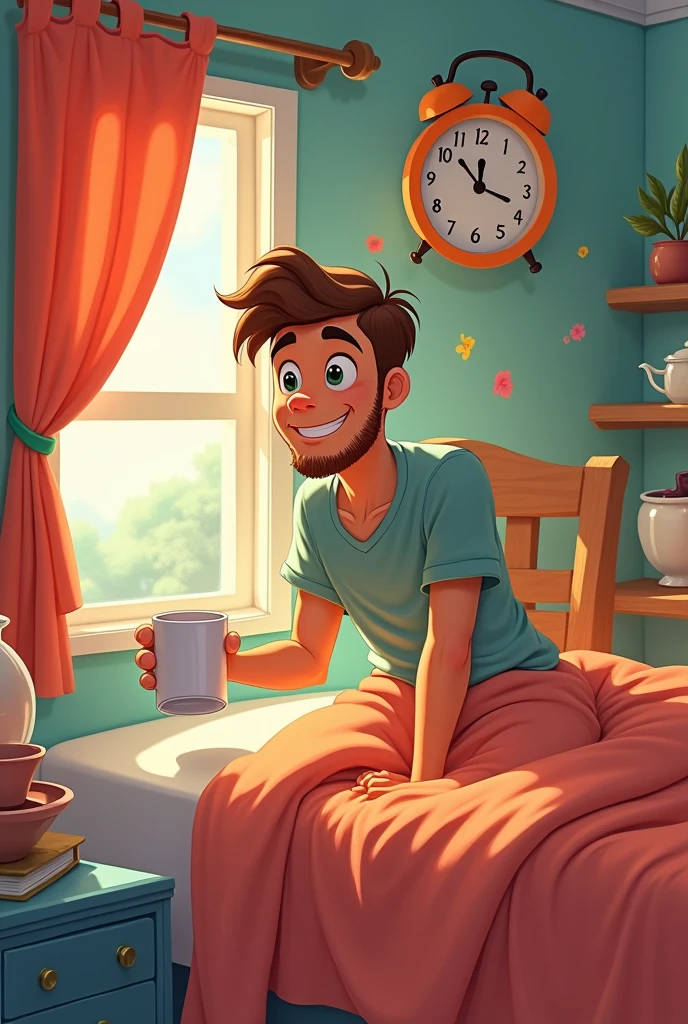 22 year boy with little beard  wakup from bed and waiting for chai in disney cartoon

