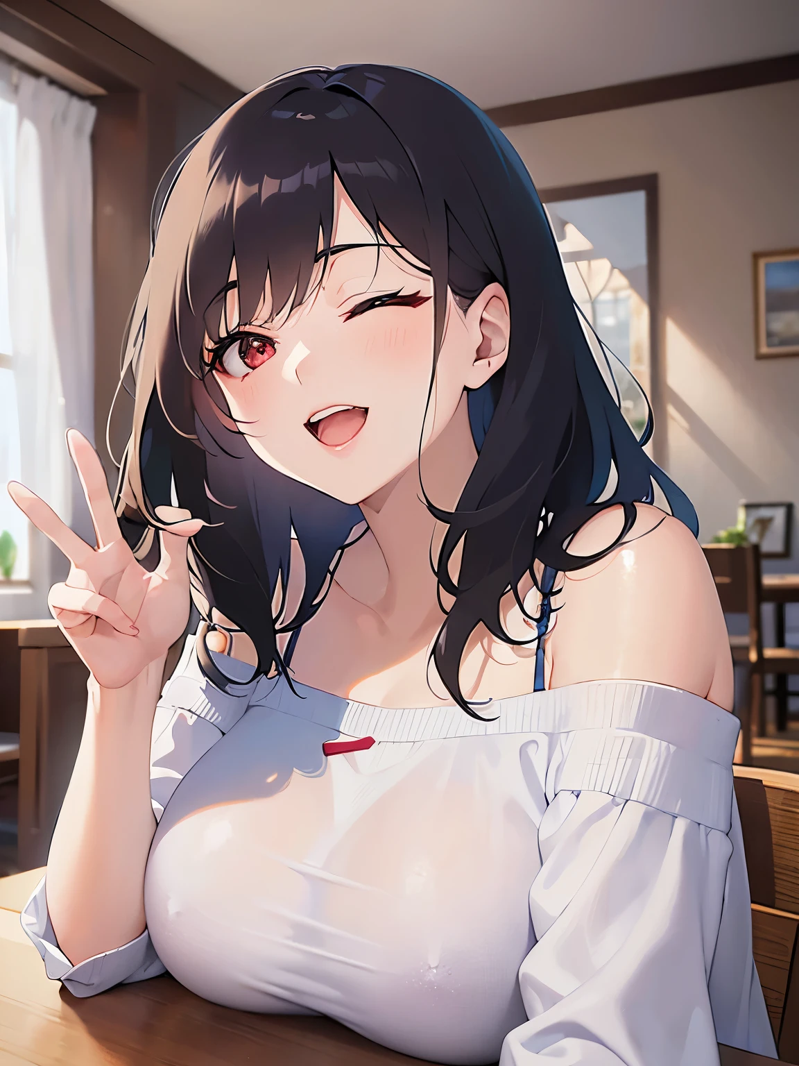 peace sign, Biologically correct five fingers、mature female、big breasts, Upper Body, (pale skin:1.2), shiny skin, shiny hair、(A woman in her 40s) and (bob cut) and (wavy hair) and (hair between eyes) and (black hair) and (red eyes) and (one eye closed:1.3), (white) and (off shoulder blouse) 、smile, open mouth, Alone、sitting at the dining table、The background is the living room