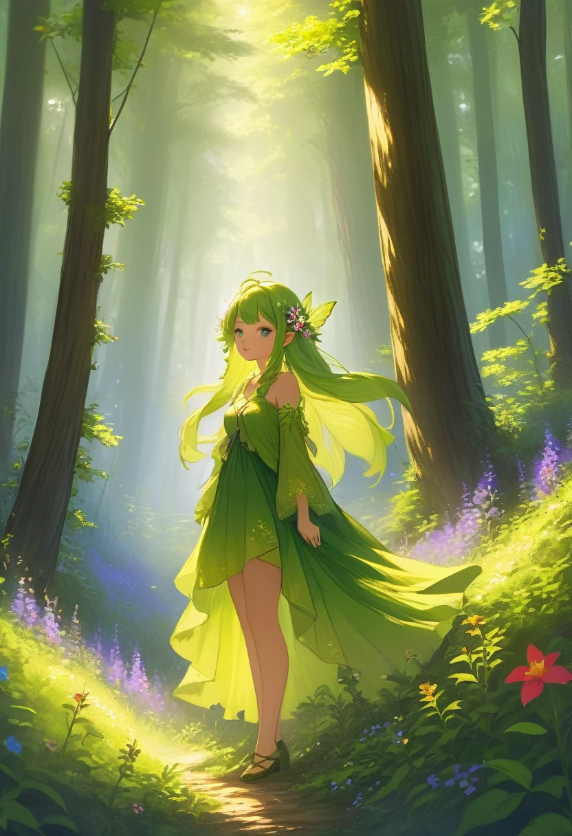 Forest Fairy,Mysterious girl,wood々In the thick forest,光に包まれた幾人もの妖精がwoodの枝に座っている,Mysterious Mysterious,Vibrant wildflowers blooming in the forest,Fantasy,Exquisite atmosphere,Masterpiece,Highest quality,Detailed anime art,Digital Art,