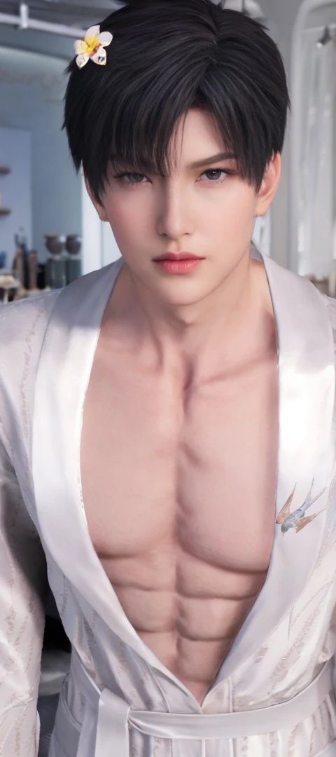male handsome, high resolusion, adult, 2, perfect face, detailed face, muscular, black eyebrows, black eyelas, Detailed face, perfect face, real skin texture, detail Perfect hand, details, Real and complete hand details, unreal engine, hd picture, short hair, green to orange eyes, eye details, white skin, Zayne, love and deep space, Bath Towel
