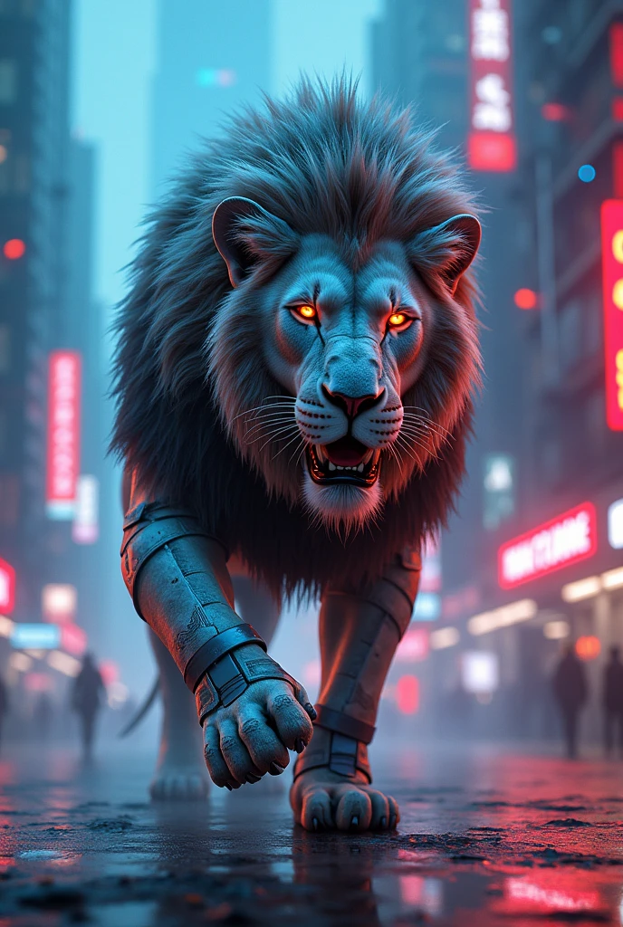 Lion with cyberpunk costume in neon city with blue and red neon lights