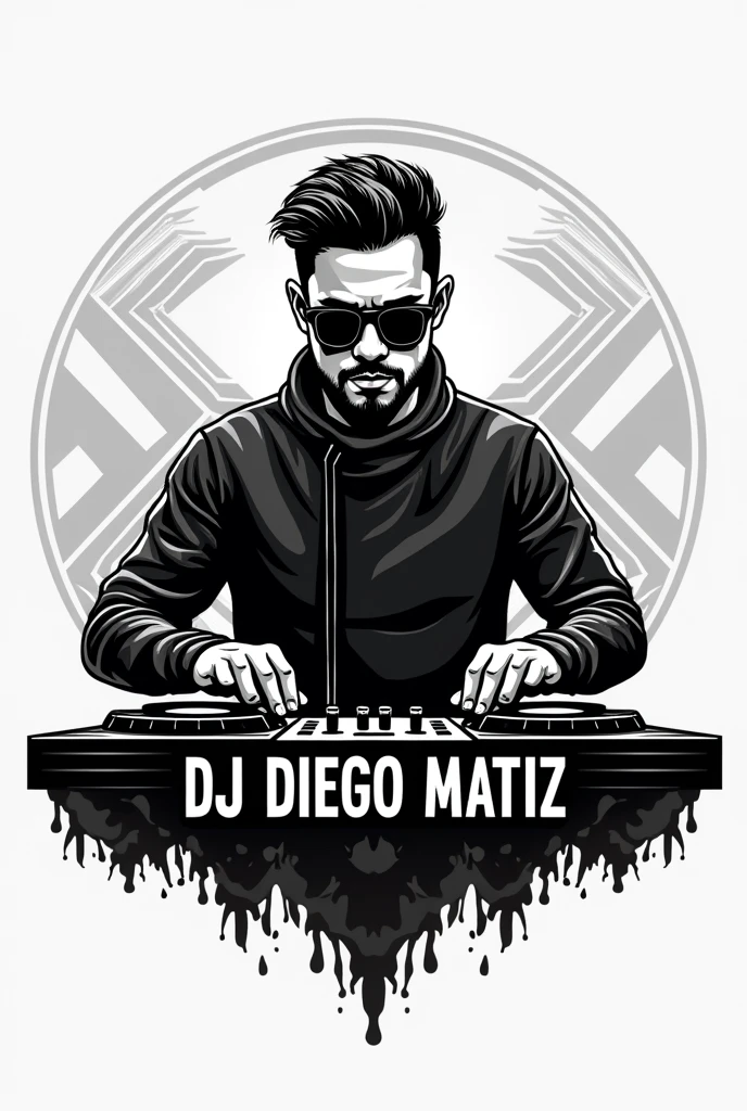 a logo that impacts community of electronic music and Instagram in black and white for DJ Diego Matiz and letters in the Logo that say: DJ Diego Matiz it should include the Dj with glasses at the controller  but it needs to be very creative logotype, electronic music type