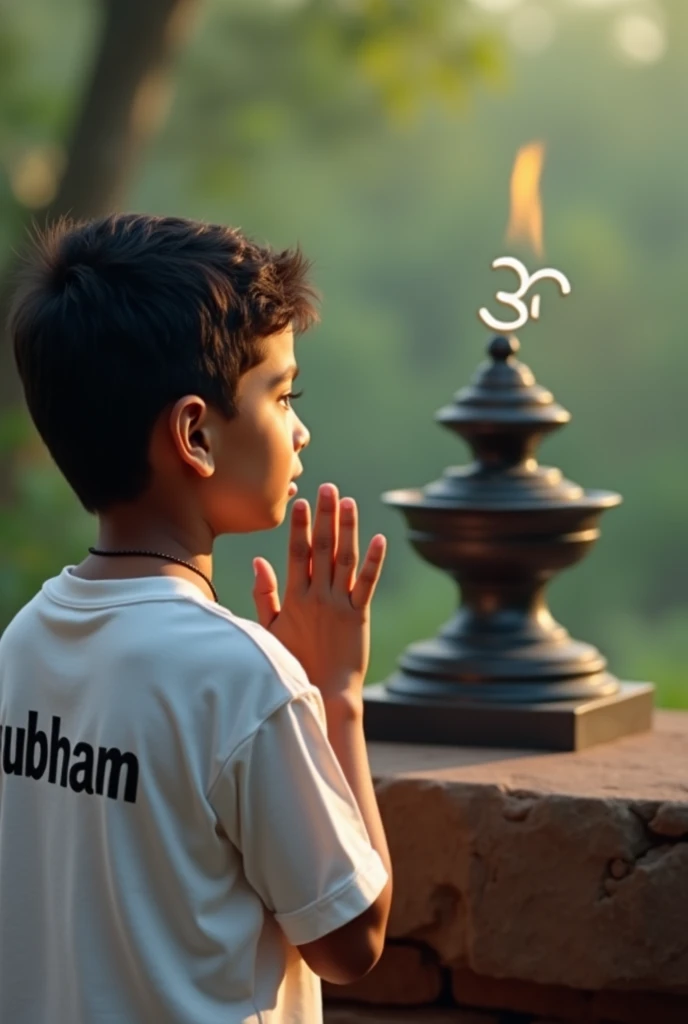 A 20 years old boy, is seated and praying in front of a shivling adorned with flowers and belpea (green leaves), behind him, there's a statue of Lord shiva, the boy is wearing a saffron kurta on which name "vardhan" Written clearly, have stylish hair and look very cute, enhancing the spiritual or religious ambiance, background fea with hills, sunrise