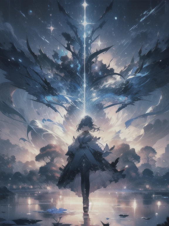 beautiful、ephemeral、Silver Marble Skin、hope、Highest quality、bright、cute、Mature、Very delicate、masterpiece、Dynamic Cloud、Mysterious and fantastic landscapes、Magical atmosphere、blue、black、White clothes