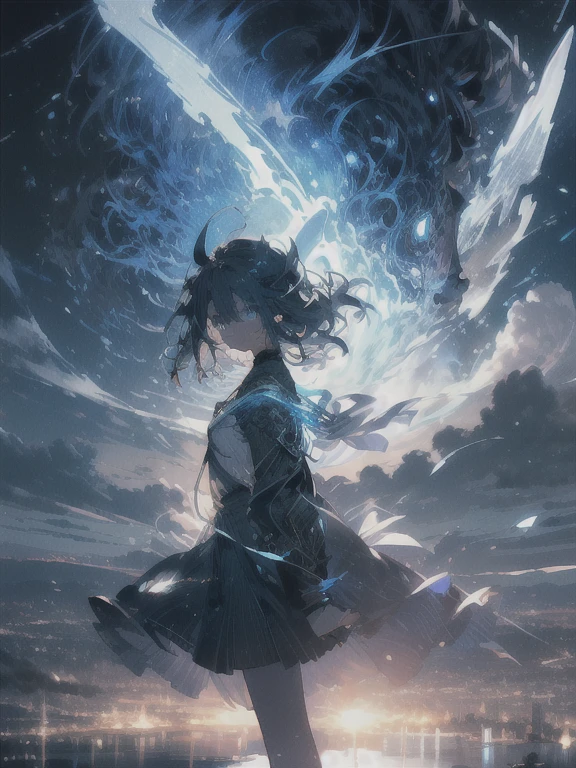 beautiful、ephemeral、Silver Marble Skin、hope、Highest quality、bright、cute、Mature、Very delicate、masterpiece、Dynamic Cloud、Mysterious and fantastic landscapes、Magical atmosphere、blue、black、White clothes