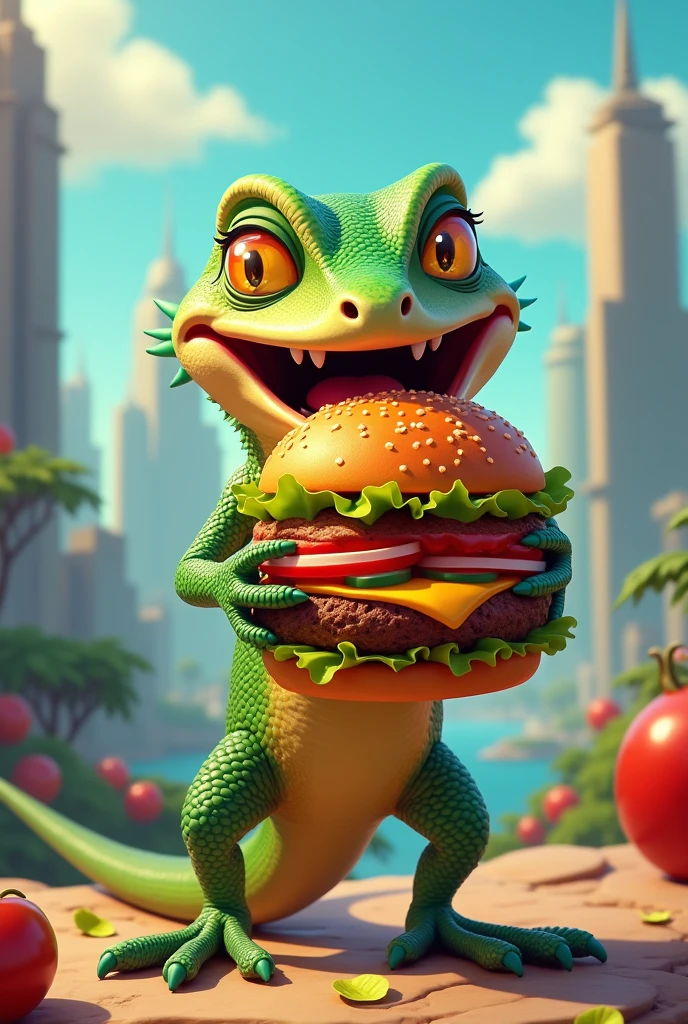 Lizard eating hamburger 